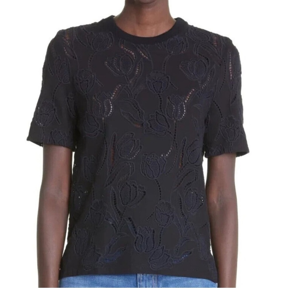 NWT NEW Oscar de la Renta Top Blouse Tulip Embroidered T-Shirt Guipure Lace